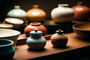 a group of colorful ceramic vases on a table. AI-Generated photo