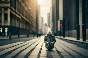 a rabbit in a suit standing on a street. AI-Generated photo