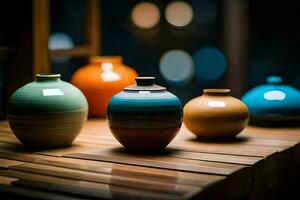 a row of colorful vases on a wooden table. AI-Generated photo