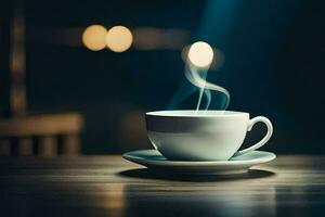 a cup of coffee on a table with a light in the background. AI-Generated photo