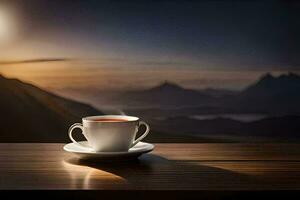 a cup of tea on a table in front of mountains. AI-Generated photo
