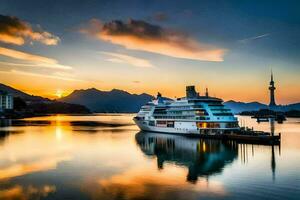 un crucero Embarcacion atracado a puesta de sol en el océano. generado por ai foto