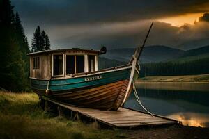 a boat sits on the dock at sunset. AI-Generated photo