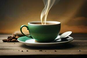a cup of coffee on a wooden table. AI-Generated photo