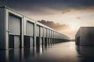 a row of metal storage buildings with a sky background. AI-Generated photo