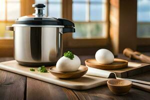 an electric pressure cooker with eggs on a wooden cutting board. AI-Generated photo