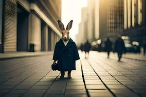 un Conejo en un traje y Corbata en pie en un ciudad calle. generado por ai foto