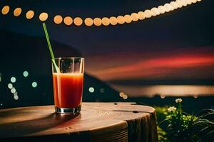 un vaso de jugo en un mesa en frente de un puesta de sol. generado por ai foto