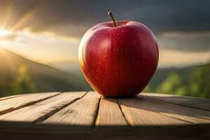 an apple sits on top of a wooden table. AI-Generated photo