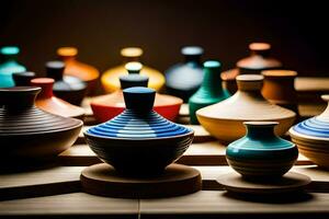 a collection of colorful vases on a table. AI-Generated photo