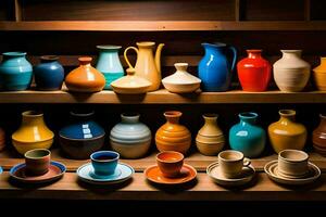 a shelf full of colorful vases and cups. AI-Generated photo