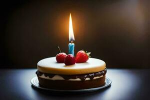 a birthday cake with a single candle. AI-Generated photo