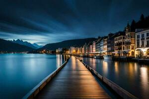 a pier in the middle of a lake at night. AI-Generated photo