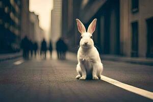 blanco Conejo sentado en el la carretera en el medio de un ciudad. generado por ai foto