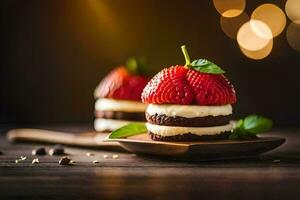 two chocolate cakes with strawberries on top. AI-Generated photo
