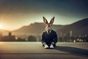 un Conejo en un traje sentado en un repisa. generado por ai foto
