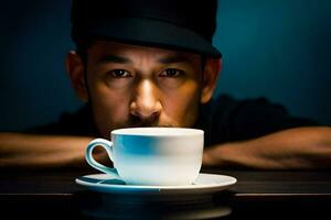 un hombre en un sombrero es participación un taza de café. generado por ai foto