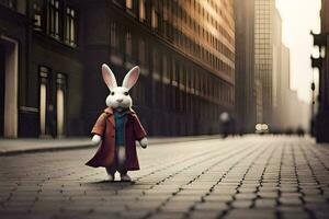 a rabbit in a red coat standing on a street. AI-Generated photo