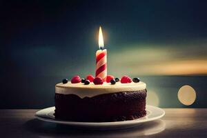 a birthday cake with a lit candle on top. AI-Generated photo