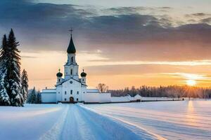 a church in the snow with a sunset behind it. AI-Generated photo