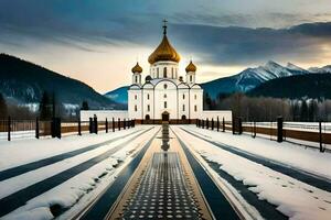 a white church with golden domes in the snow. AI-Generated photo