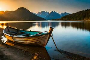 un barco en el lago a puesta de sol. generado por ai foto