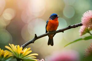 a colorful bird sits on a branch with flowers. AI-Generated photo