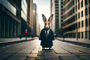 un Conejo vestido en un traje y Corbata en pie en el medio de un ciudad calle. generado por ai foto