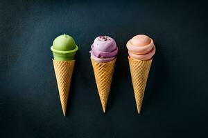 three ice cream cones in different colors on a dark background. AI-Generated photo