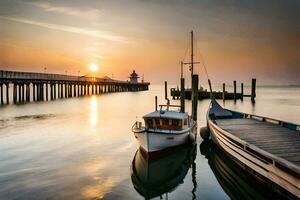 boats docked at the pier at sunset. AI-Generated photo