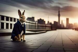 a rabbit wearing a suit and tie sitting on the sidewalk. AI-Generated photo