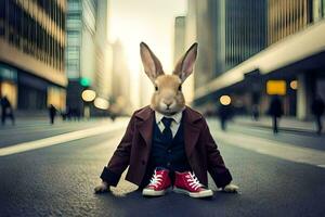 a rabbit wearing a suit and tie sitting on the street. AI-Generated photo