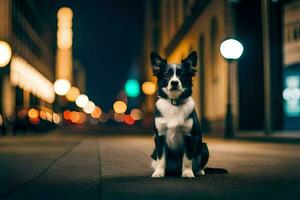 a dog sitting on the street at night. AI-Generated photo