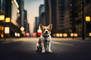 un perro sentado en el calle en el medio de un ciudad. generado por ai foto