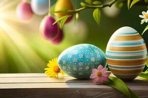 easter eggs on a wooden table with flowers and sun. AI-Generated photo