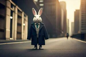 a rabbit wearing a suit and tie standing in the middle of a city street. AI-Generated photo
