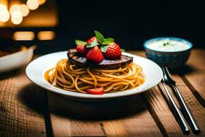 a plate of spaghetti with meat and strawberries on a wooden table. AI-Generated photo
