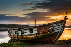 un barco se sienta en el apuntalar a puesta de sol. generado por ai foto