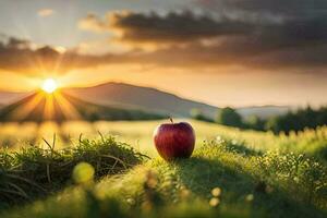 un rojo manzana se sienta en el medio de un campo a puesta de sol. generado por ai foto
