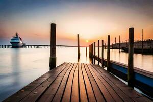 a pier with wooden posts and a boat at sunset. AI-Generated photo