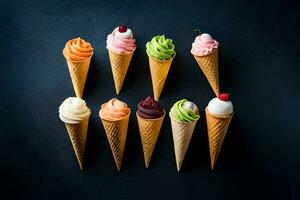 different ice cream cones are arranged in a circle. AI-Generated photo