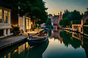 a boat is docked in a canal at sunset. AI-Generated photo