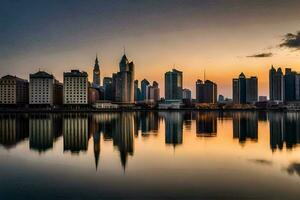 el ciudad horizonte es reflejado en el agua a puesta de sol. generado por ai foto