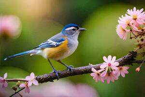 a blue and white bird is perched on a branch. AI-Generated photo