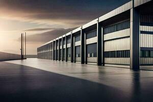a large industrial building with a sun setting behind it. AI-Generated photo