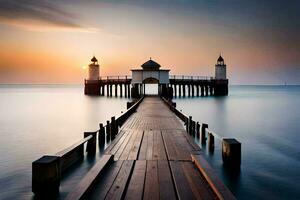 un muelle con un faro a puesta de sol. generado por ai foto