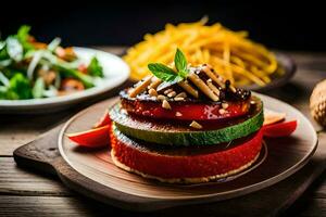 un plato de comida con vegetales y fideos. generado por ai foto