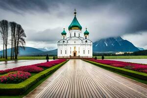 a church with green domes and flowers in front of mountains. AI-Generated photo