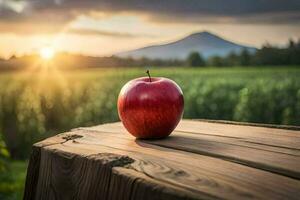 apple on a wooden table in the field. AI-Generated photo