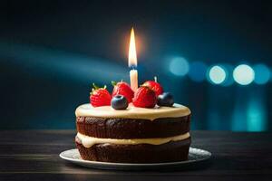 a birthday cake with a lit candle. AI-Generated photo